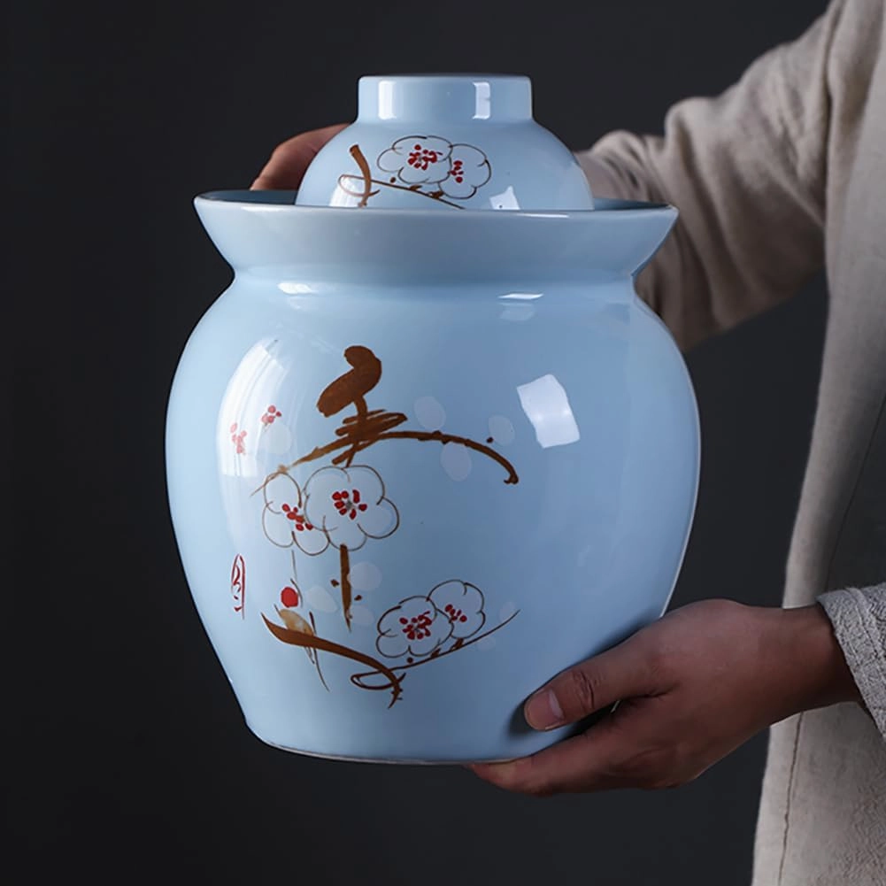 1-Pack Ceramic Kimchi Fermentation Jar, Kimchi Jar with Lid, Traditional Chinese Water-Tight Pickled Vegetable Jar, Large Capacity Kimchi Jar Food Jar, Kitchen Ceramic Container,Blue 3.5kg