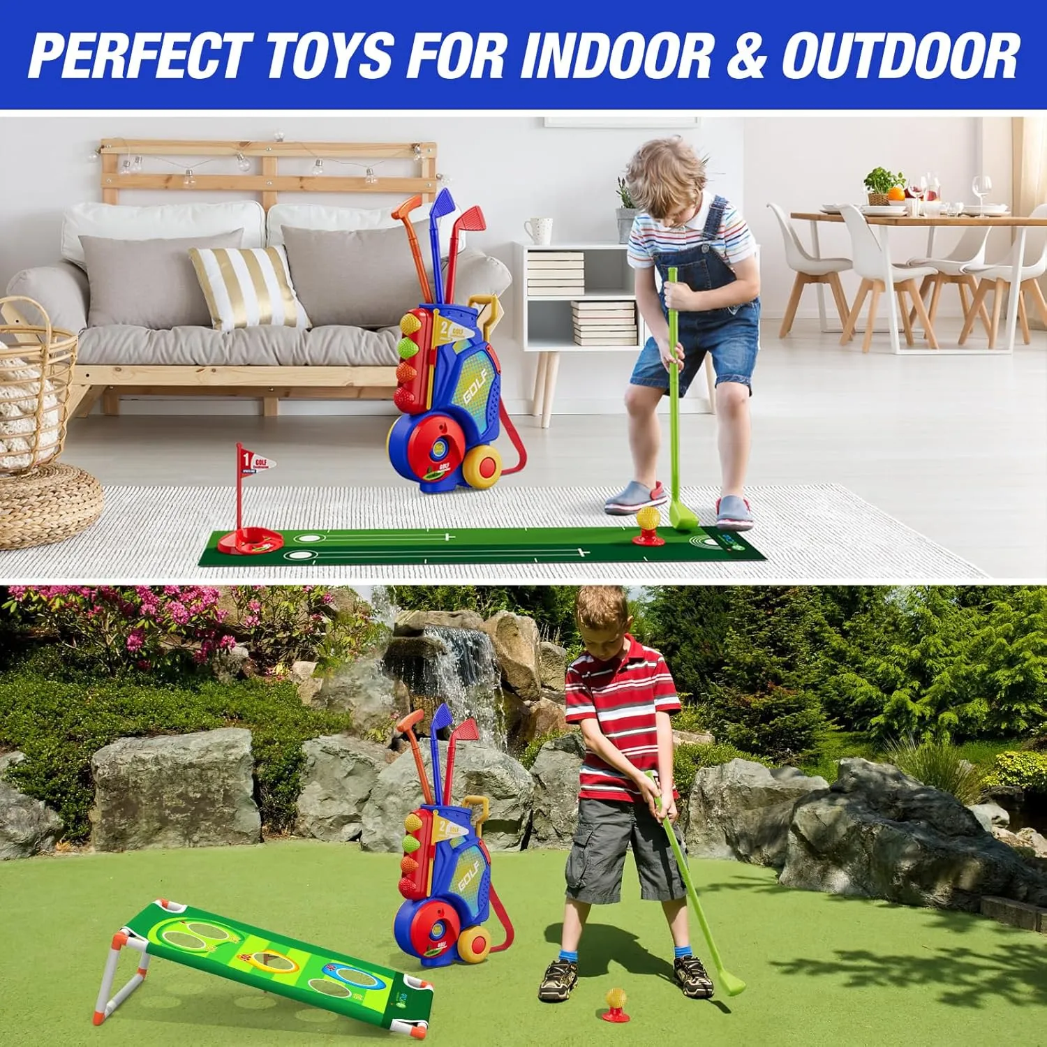 2 in 1 Toddler Golf Set, Upgraded Kids Golf Clubs with 12 Balls, Cornhole Board & Putting Mat, Shoulder Strap, Indoor Outdoor Sport Toys Gift for Boys Girls, Blue