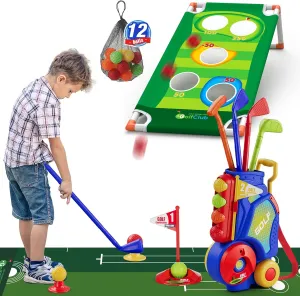 2 in 1 Toddler Golf Set, Upgraded Kids Golf Clubs with 12 Balls, Cornhole Board & Putting Mat, Shoulder Strap, Indoor Outdoor Sport Toys Gift for Boys Girls, Blue