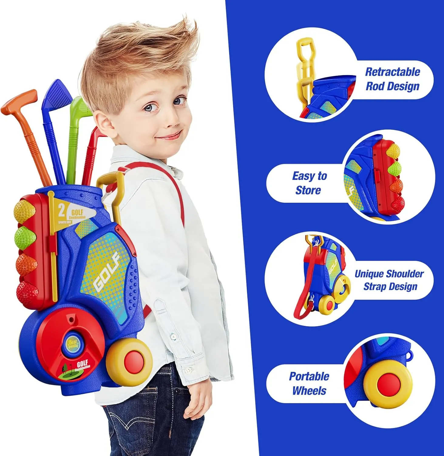 2 in 1 Toddler Golf Set, Upgraded Kids Golf Clubs with 12 Balls, Cornhole Board & Putting Mat, Shoulder Strap, Indoor Outdoor Sport Toys Gift for Boys Girls, Blue