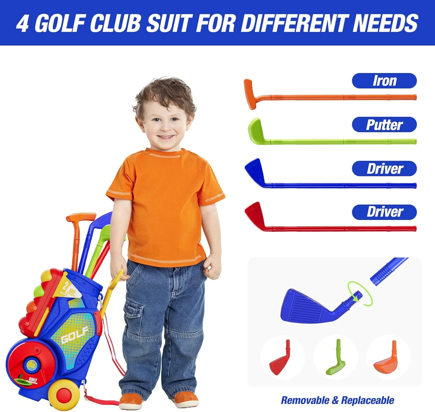 2 in 1 Toddler Golf Set, Upgraded Kids Golf Clubs with 12 Balls, Cornhole Board & Putting Mat, Shoulder Strap, Indoor Outdoor Sport Toys Gift for Boys Girls, Blue
