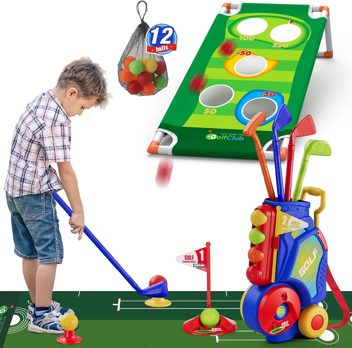 2 in 1 Toddler Golf Set, Upgraded Kids Golf Clubs with 12 Balls, Cornhole Board & Putting Mat, Shoulder Strap, Indoor Outdoor Sport Toys Gift for Boys Girls, Blue