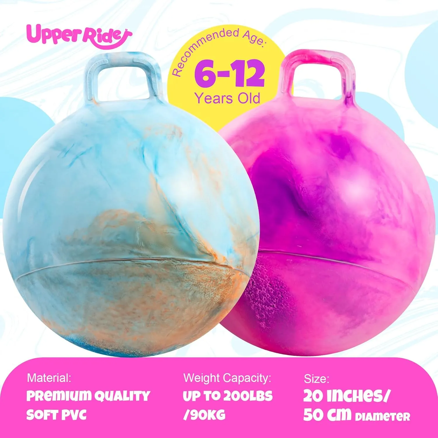 2 Pack 20 Inch Clouds Hopper Ball for Kids Ages 6-12, Oversized Tie Dye Bouncy Balls with Handle, Blue Orange & Purple Pink Jumping Balls, Inflatable Ride-On Toys with Pump and Gift Boxes