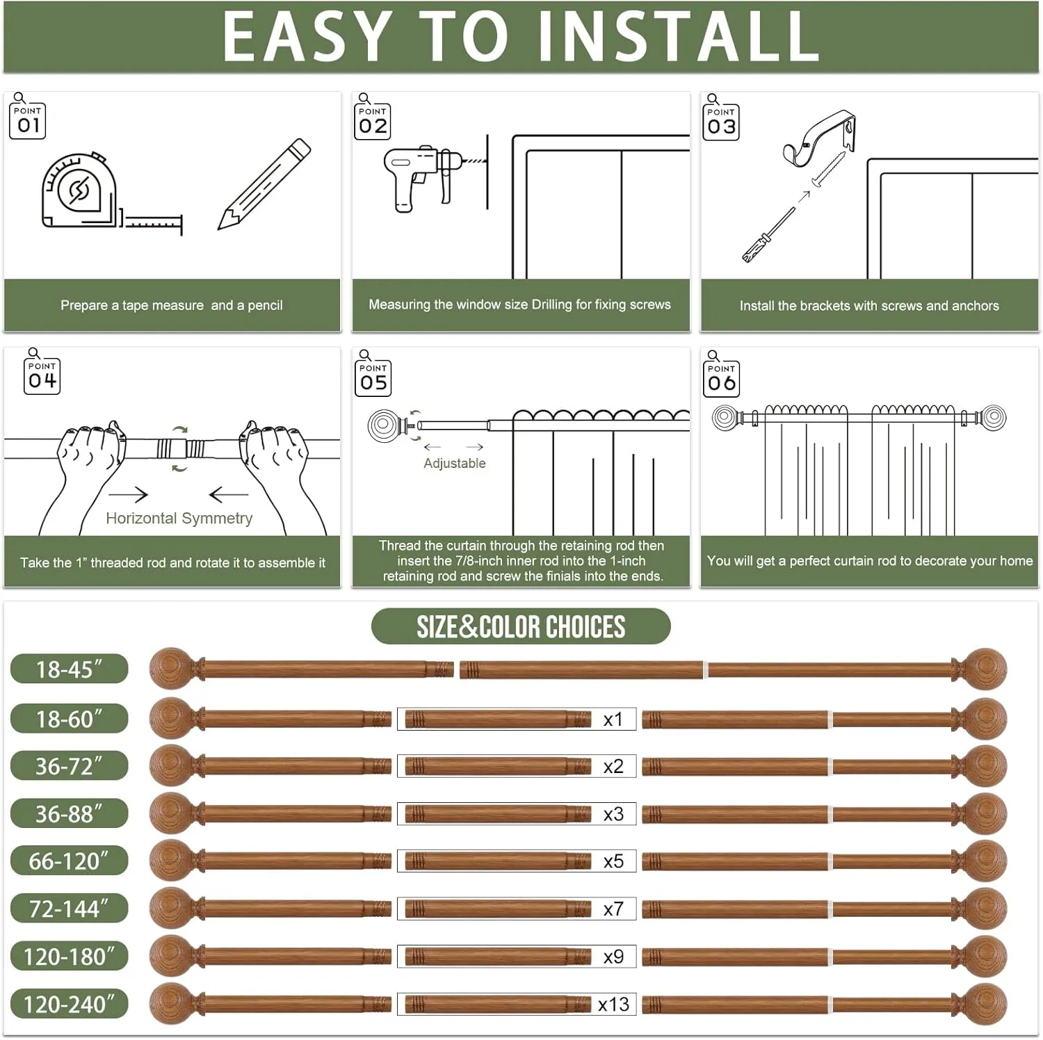 2 Pack Wood Curtain Rods for Windows 18 to 60 Inch,1 Inch Wood Grain Ball Adjustable Curtain Rod,Boho Heavy Duty Curtain Rods,Farmhouse Rustic Window Curtains Rods,Brown Drapery Rods Set 18-60"