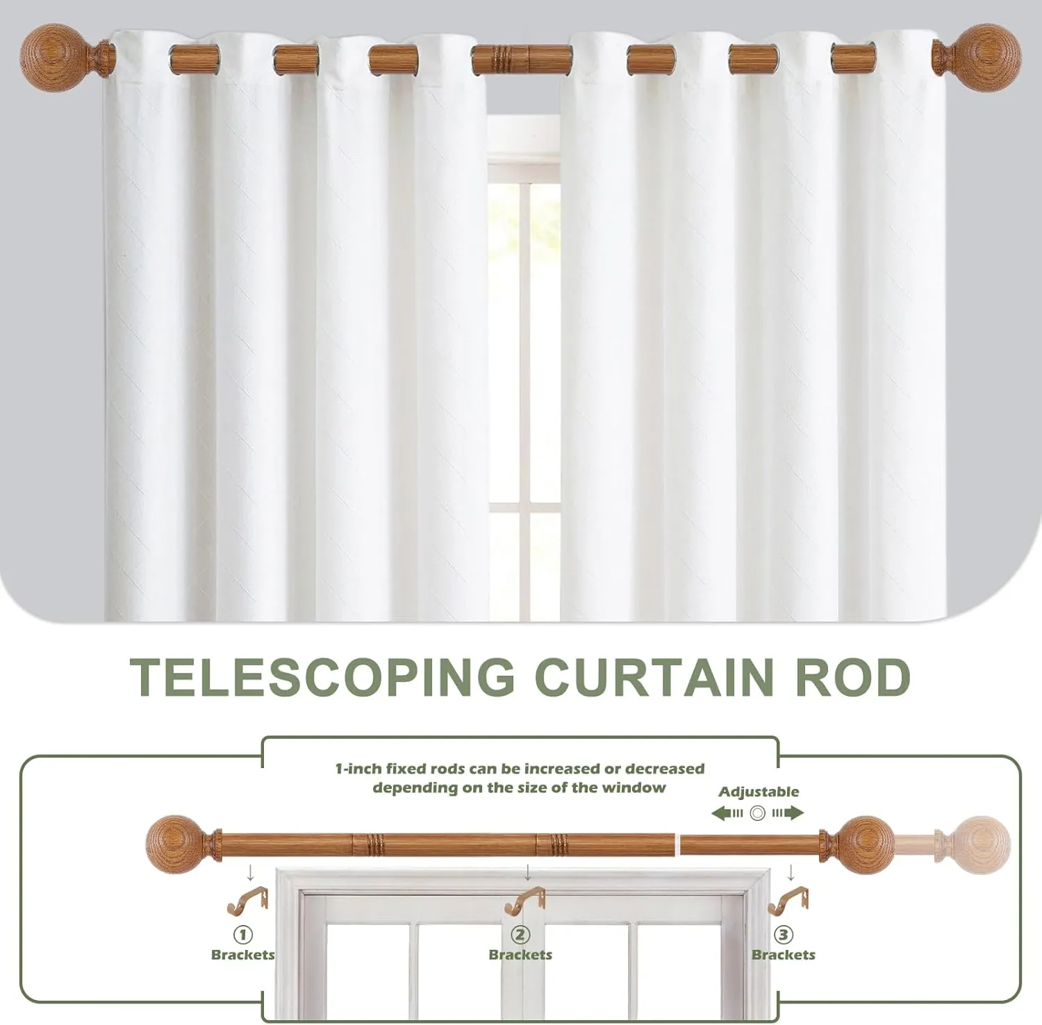 2 Pack Wood Curtain Rods for Windows 18 to 60 Inch,1 Inch Wood Grain Ball Adjustable Curtain Rod,Boho Heavy Duty Curtain Rods,Farmhouse Rustic Window Curtains Rods,Brown Drapery Rods Set 18-60"
