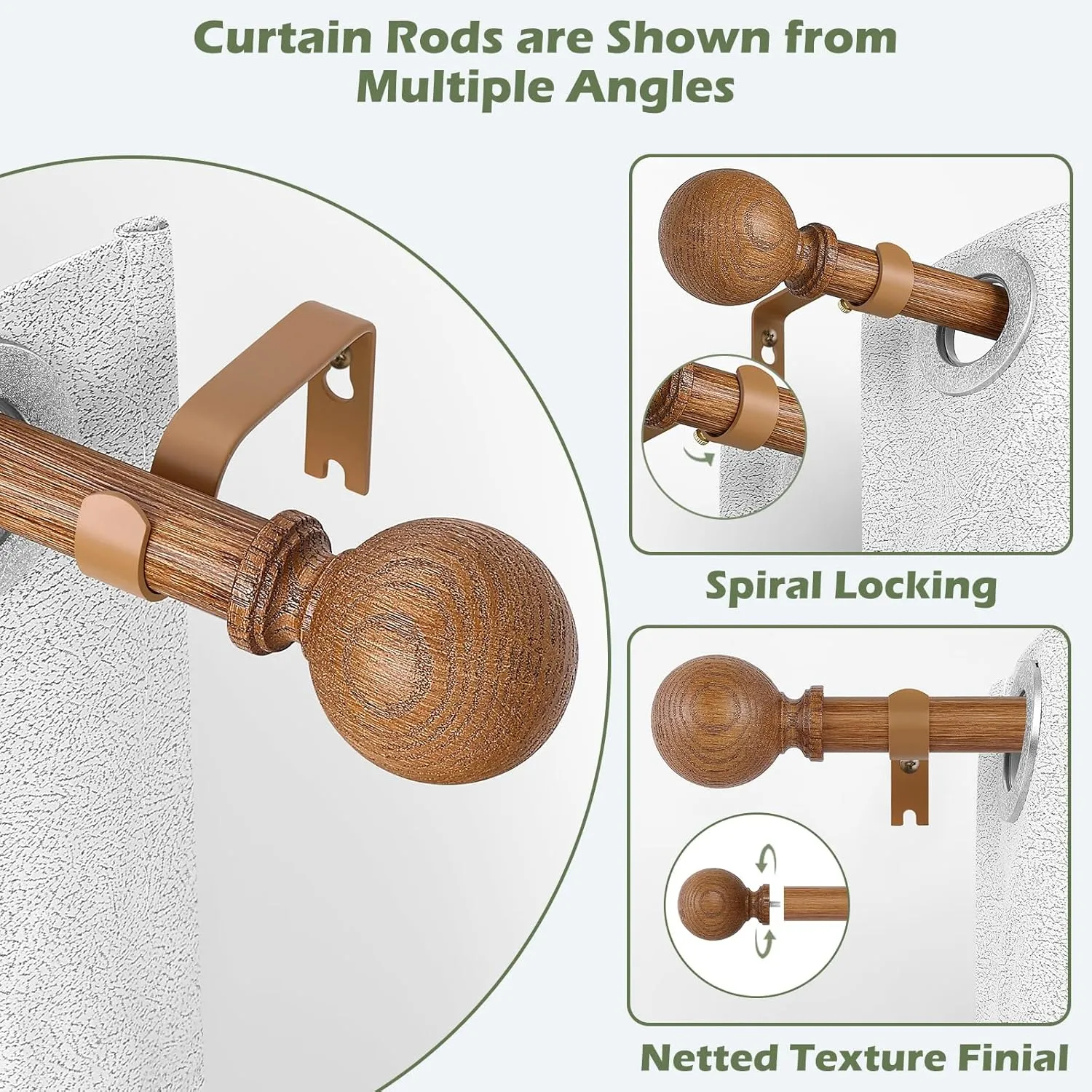 2 Pack Wood Curtain Rods for Windows 18 to 60 Inch,1 Inch Wood Grain Ball Adjustable Curtain Rod,Boho Heavy Duty Curtain Rods,Farmhouse Rustic Window Curtains Rods,Brown Drapery Rods Set 18-60"