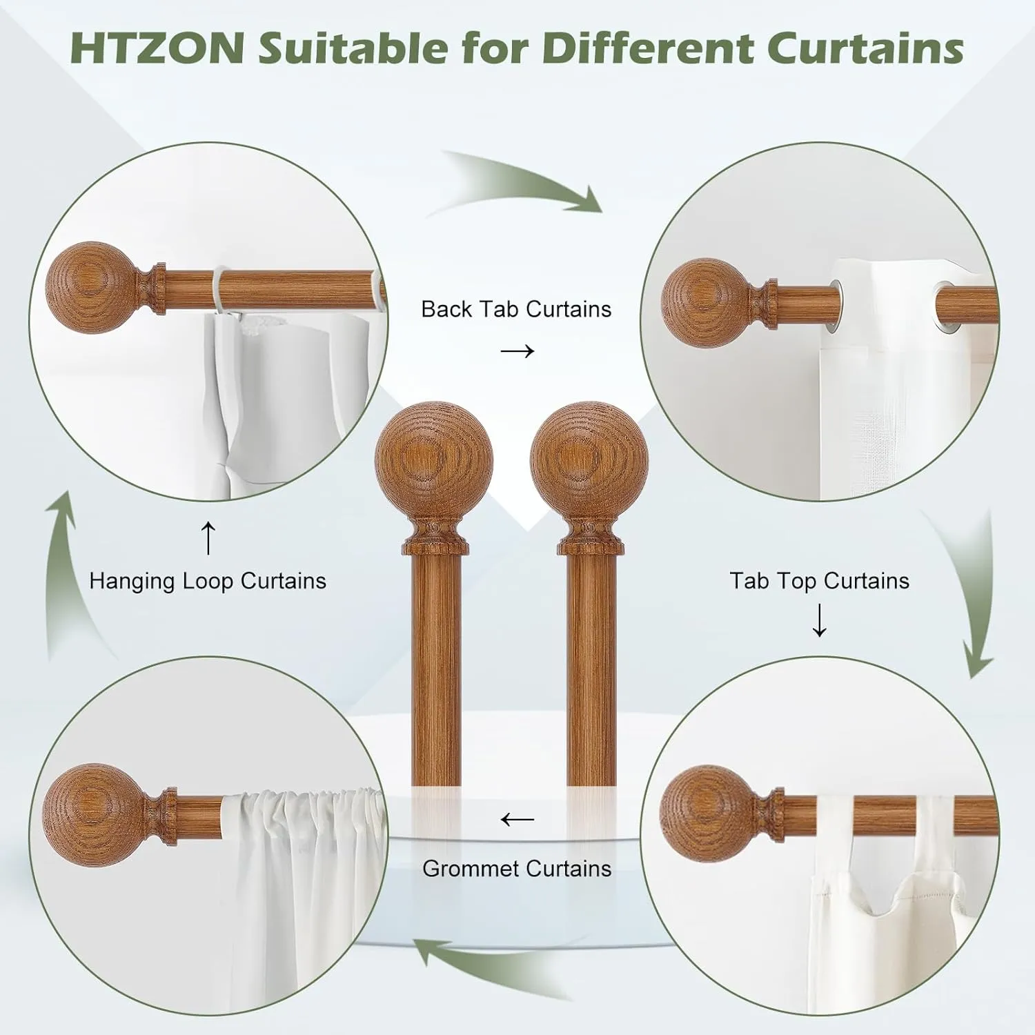 2 Pack Wood Curtain Rods for Windows 18 to 60 Inch,1 Inch Wood Grain Ball Adjustable Curtain Rod,Boho Heavy Duty Curtain Rods,Farmhouse Rustic Window Curtains Rods,Brown Drapery Rods Set 18-60"