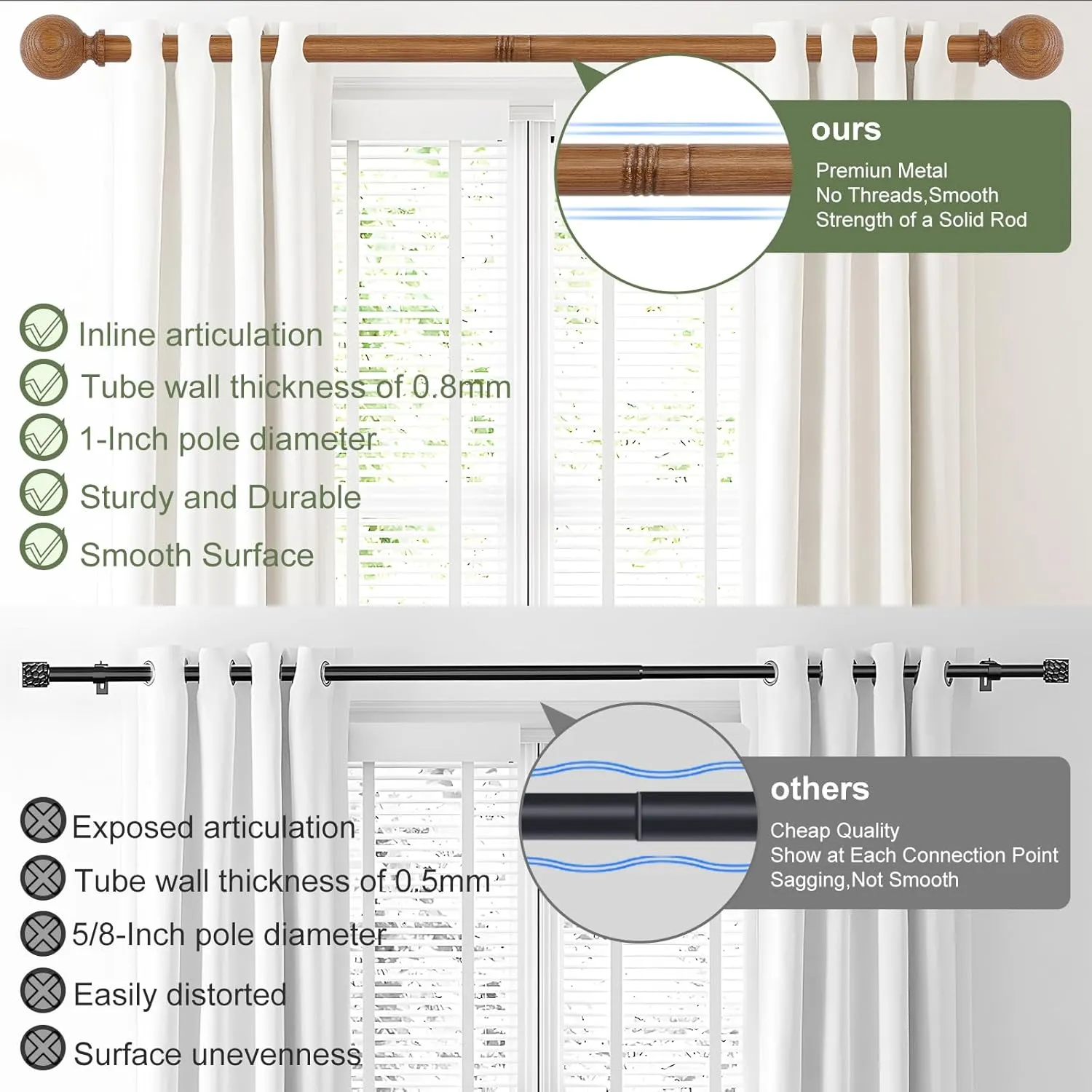 2 Pack Wood Curtain Rods for Windows 18 to 60 Inch,1 Inch Wood Grain Ball Adjustable Curtain Rod,Boho Heavy Duty Curtain Rods,Farmhouse Rustic Window Curtains Rods,Brown Drapery Rods Set 18-60"