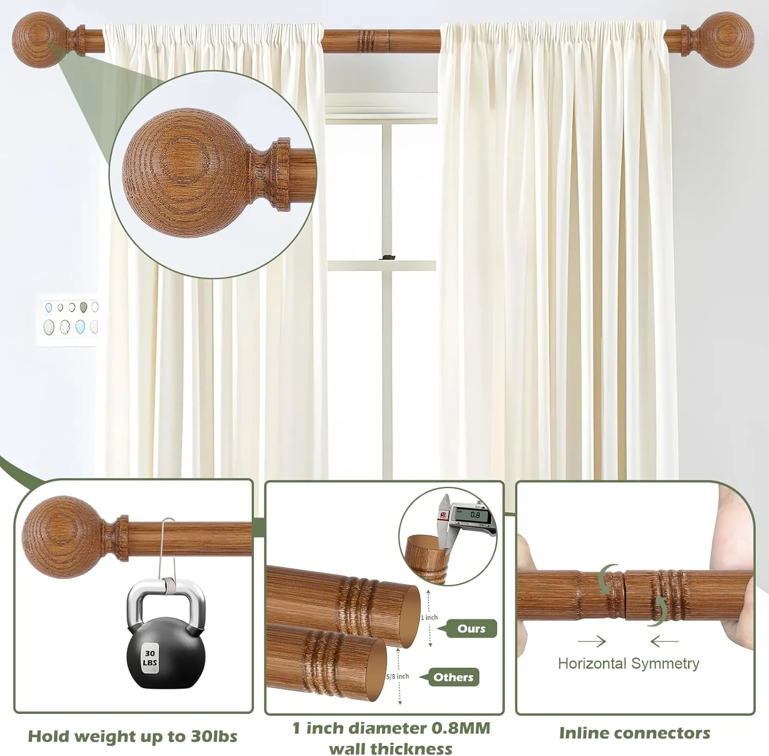 2 Pack Wood Curtain Rods for Windows 18 to 60 Inch,1 Inch Wood Grain Ball Adjustable Curtain Rod,Boho Heavy Duty Curtain Rods,Farmhouse Rustic Window Curtains Rods,Brown Drapery Rods Set 18-60"