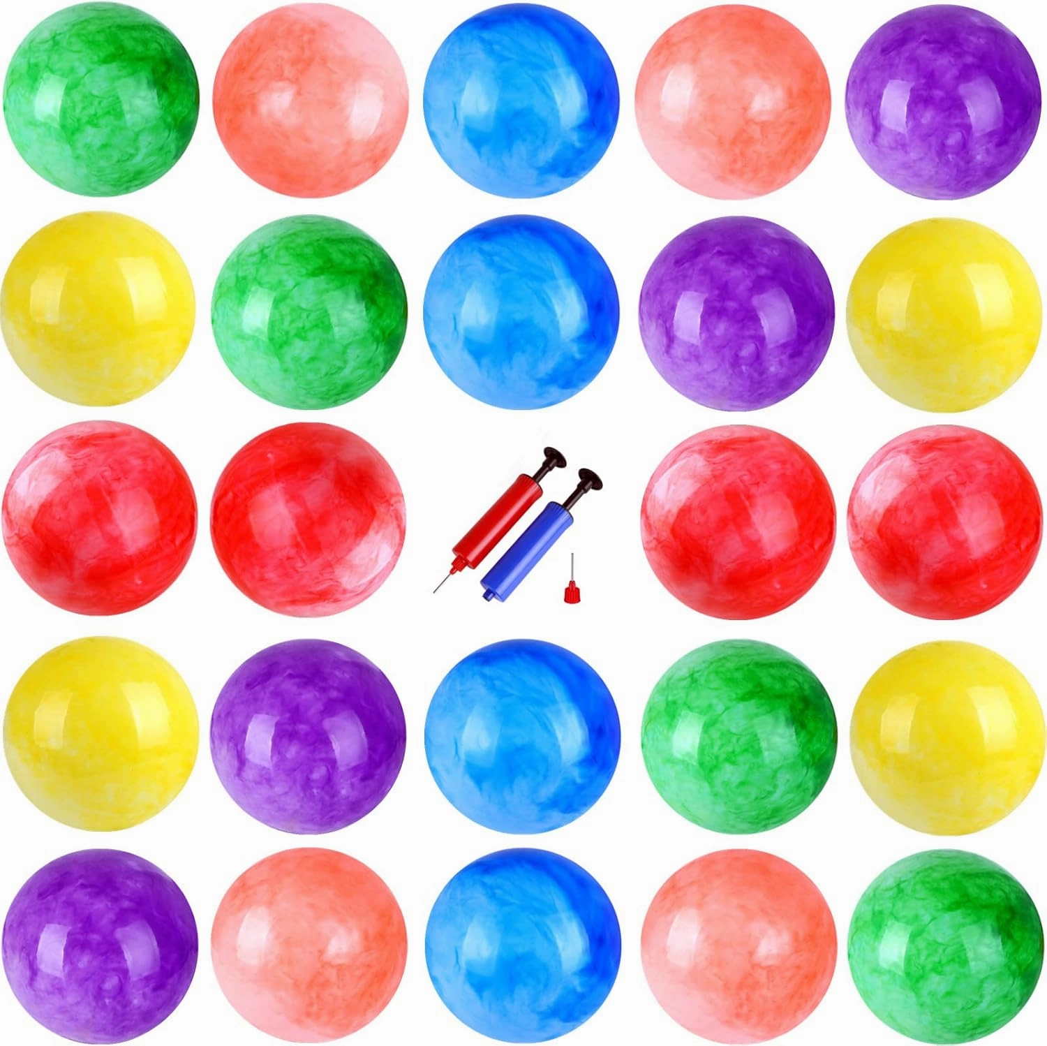 24 Pcs 9 Inch Inflatable Balls for Kids & 2 Hand Pump, Bouncy Beach Ball Kickball Toys Pets School Playground Indoor/Outdoor Playballs Marbleized Bouncing