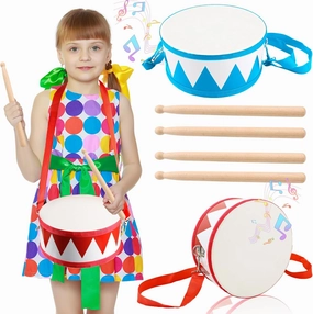 2 Pcs Drum Set for Kids 8 Inch Wooden Toy Drum Drum Instrument with Adjustable Strap 4 Drumsticks Educational Musical Instrument Toys for Toddlers Boys Girls Beginners (Red and Blue)