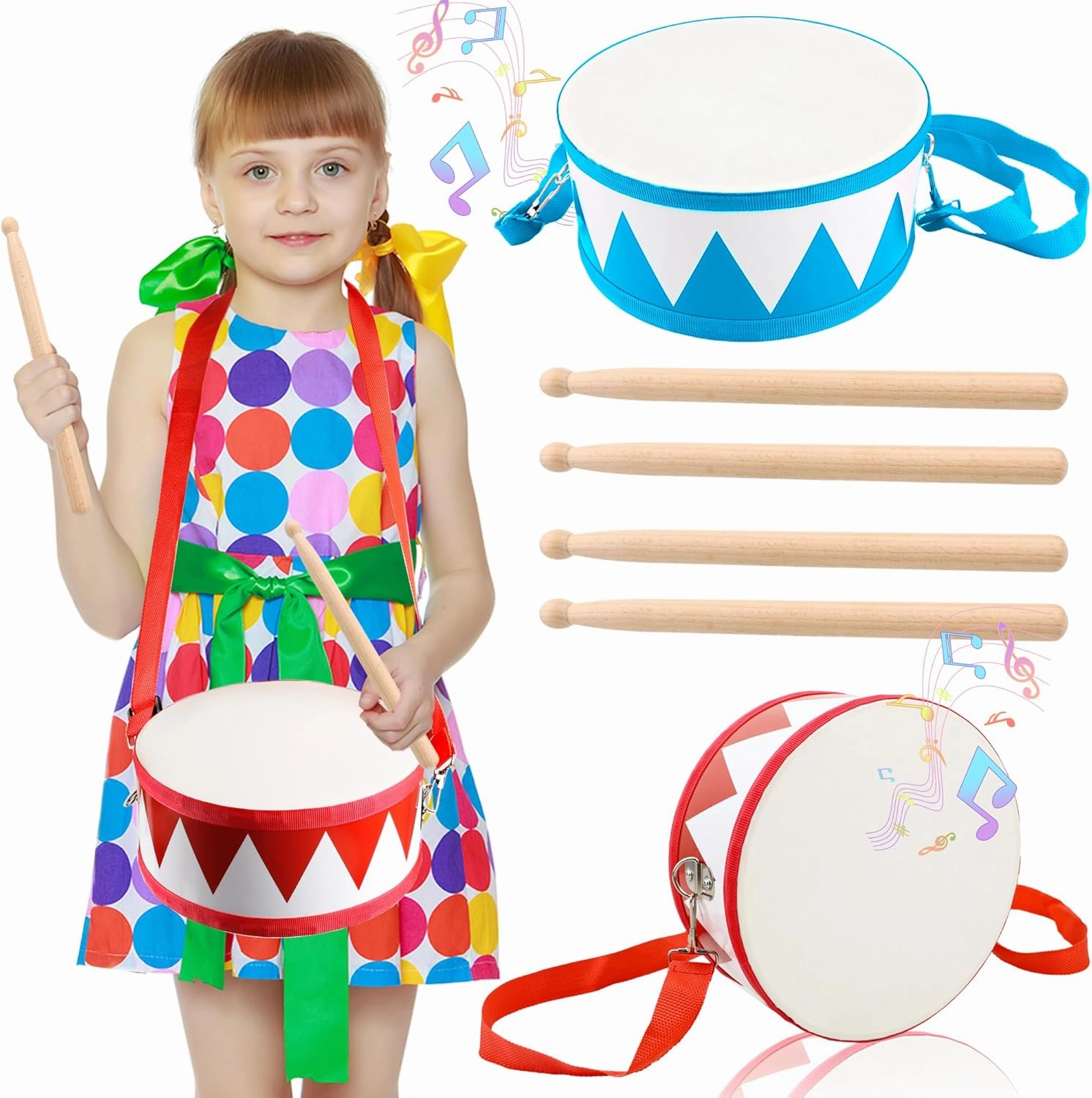 2 Pcs Drum Set for Kids 8 Inch Wooden Toy Drum Drum Instrument with Adjustable Strap 4 Drumsticks Educational Musical Instrument Toys for Toddlers Boys Girls Beginners (Red and Blue)