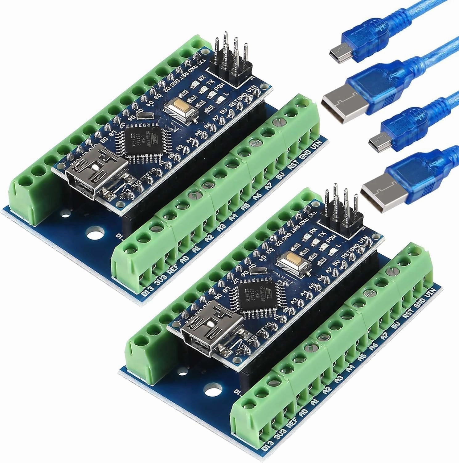 2PCS Mini for Nano V3.0 ATmega328P for Arduino Micro Controller Board Module with USB Cable   for Nano V3.0 Expansion I/O Shield Board Breakout Screw Terminal Adapter