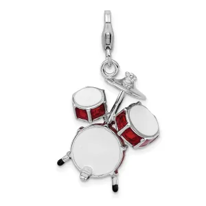 3-D Red Drum Set Clip-On Charm Pendant in Real 925 Sterling Silver