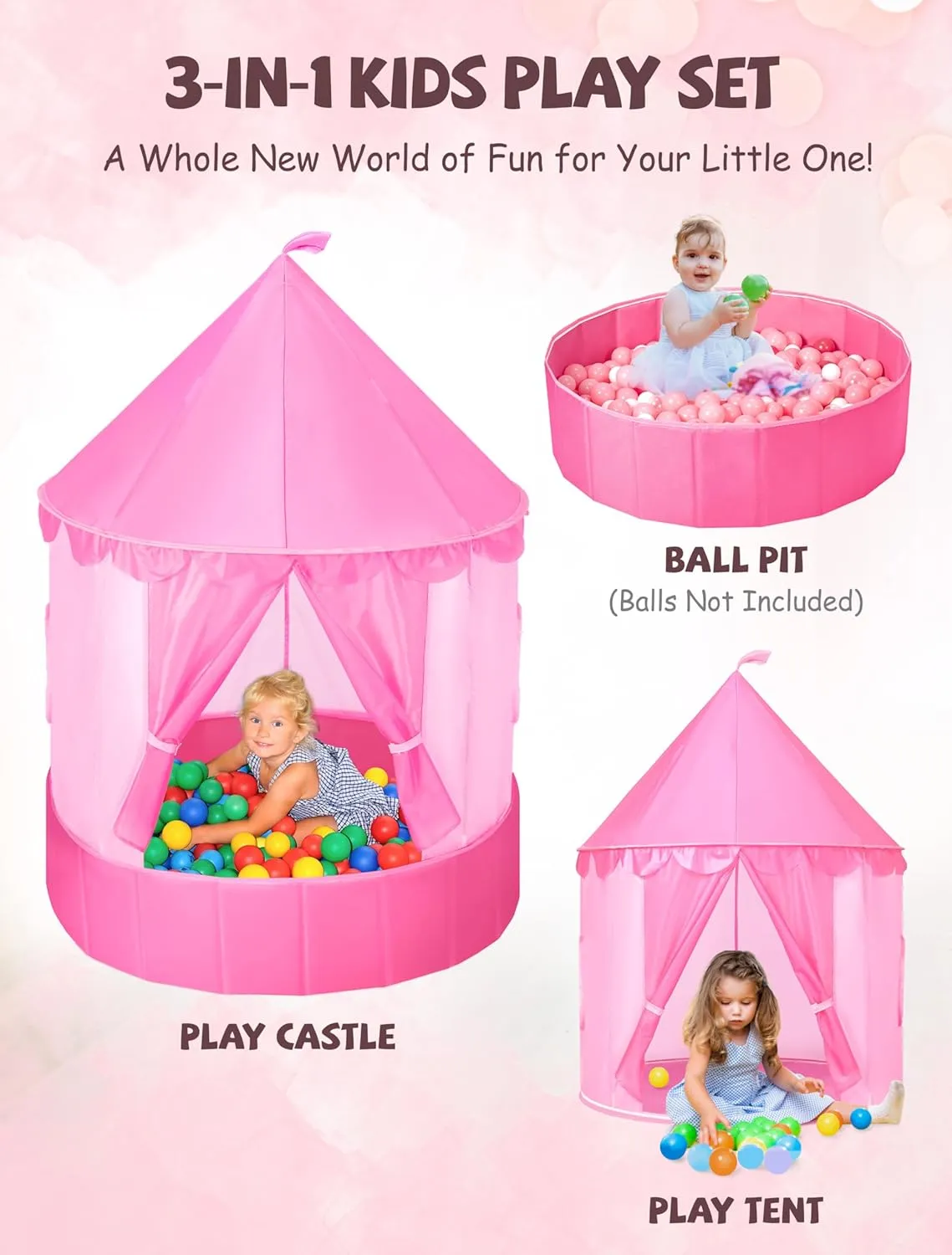 3-in-1 Ball Pit & Play Tent for Toddlers: Large 40" Pink Kids Ball Pit and Princess Tent - Princess Castle Playhouse Tent for Girls Kids Babies - Foldable Portable Toys for Indoor & Outdoor