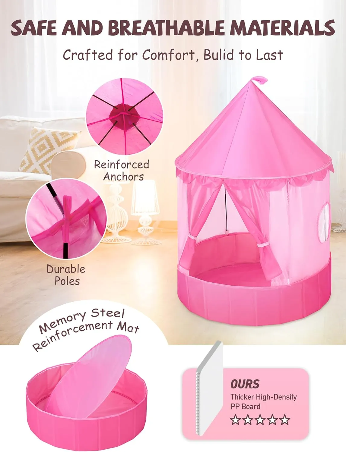 3-in-1 Ball Pit & Play Tent for Toddlers: Large 40" Pink Kids Ball Pit and Princess Tent - Princess Castle Playhouse Tent for Girls Kids Babies - Foldable Portable Toys for Indoor & Outdoor