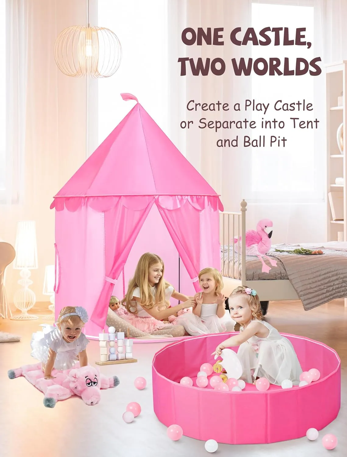 3-in-1 Ball Pit & Play Tent for Toddlers: Large 40" Pink Kids Ball Pit and Princess Tent - Princess Castle Playhouse Tent for Girls Kids Babies - Foldable Portable Toys for Indoor & Outdoor