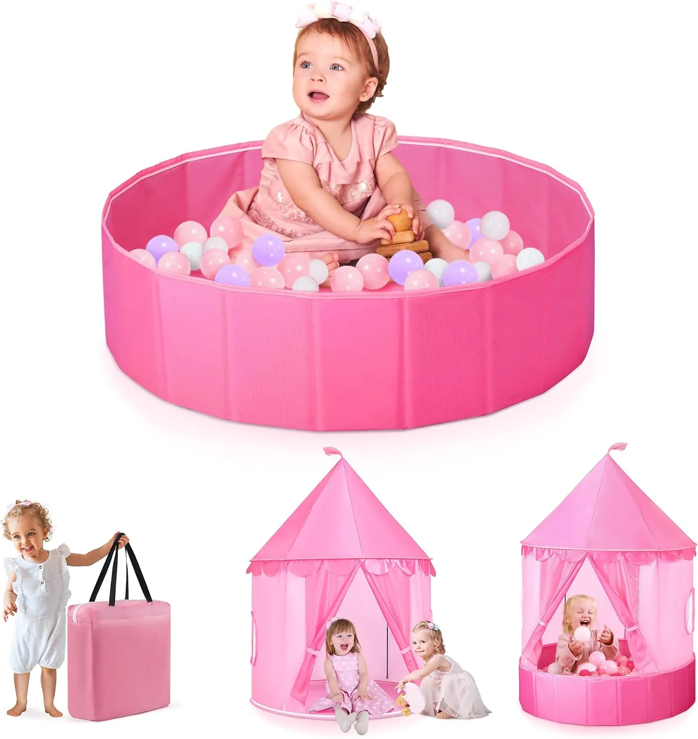 3-in-1 Ball Pit & Play Tent for Toddlers: Large 40" Pink Kids Ball Pit and Princess Tent - Princess Castle Playhouse Tent for Girls Kids Babies - Foldable Portable Toys for Indoor & Outdoor