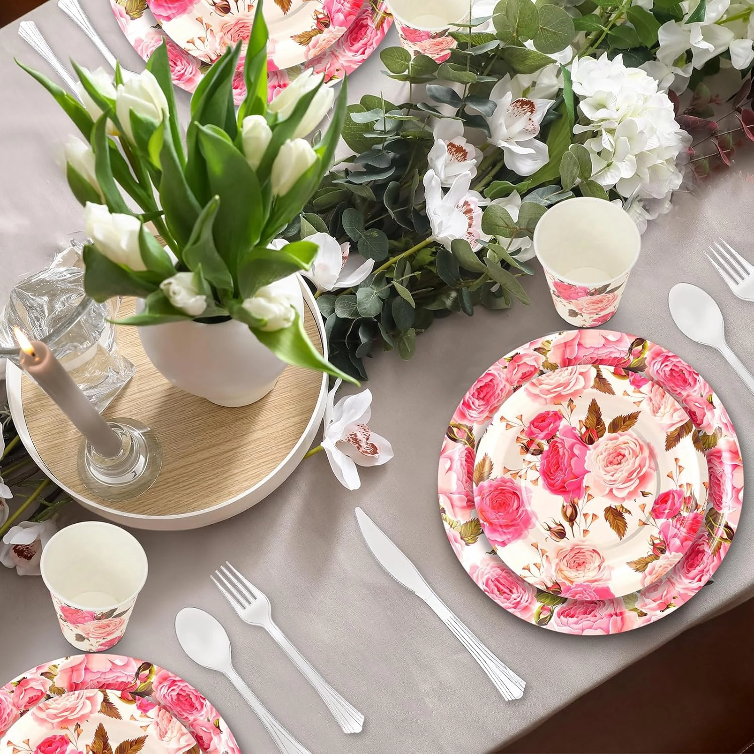 350 Pcs Floral Baby Shower Paper Plates Napkins Cups Knives Forks Spoons for 50 Guests Disposable Floral Party Tableware for Spring Birthday