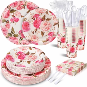 350 Pcs Floral Baby Shower Paper Plates Napkins Cups Knives Forks Spoons for 50 Guests Disposable Floral Party Tableware for Spring Birthday