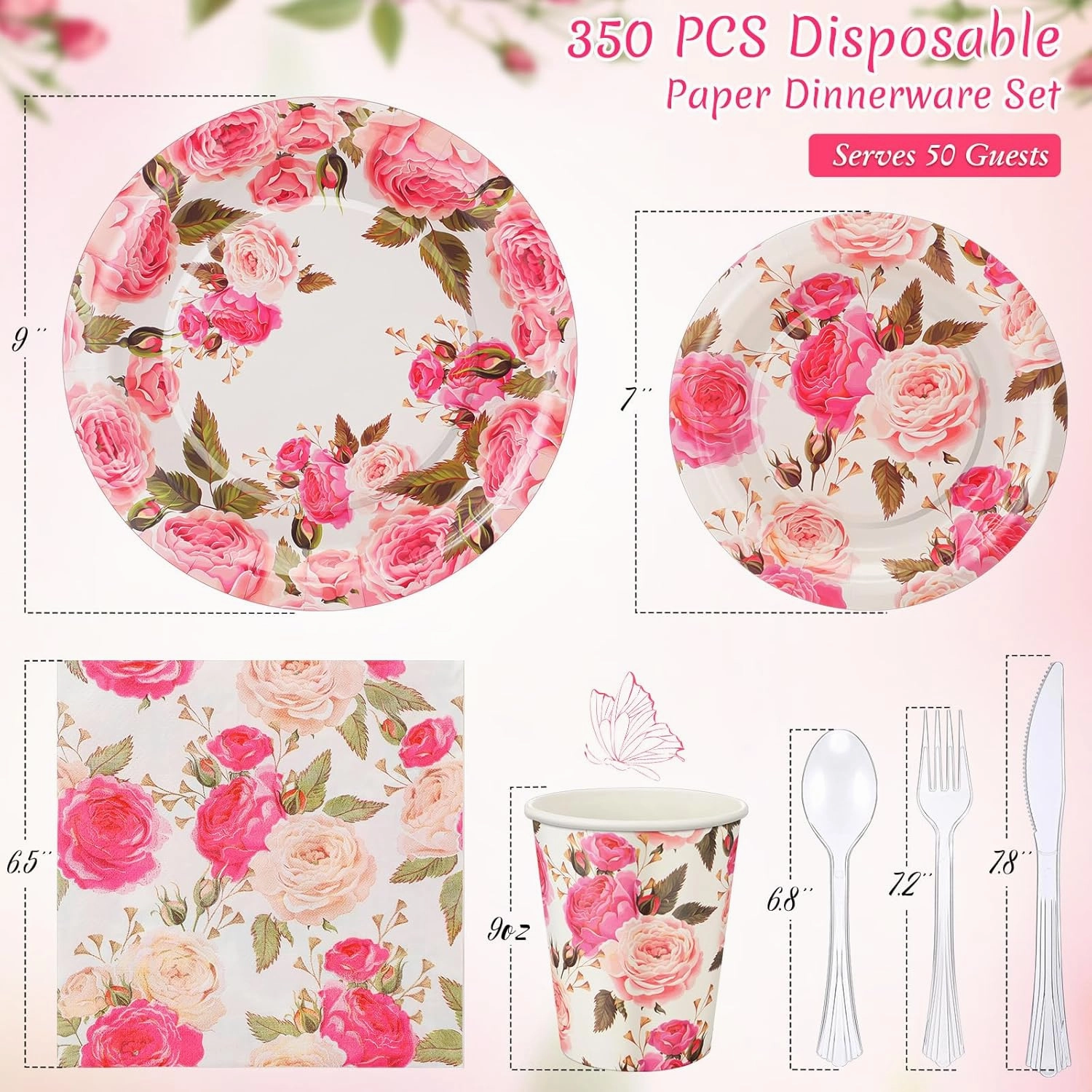 350 Pcs Floral Baby Shower Paper Plates Napkins Cups Knives Forks Spoons for 50 Guests Disposable Floral Party Tableware for Spring Birthday