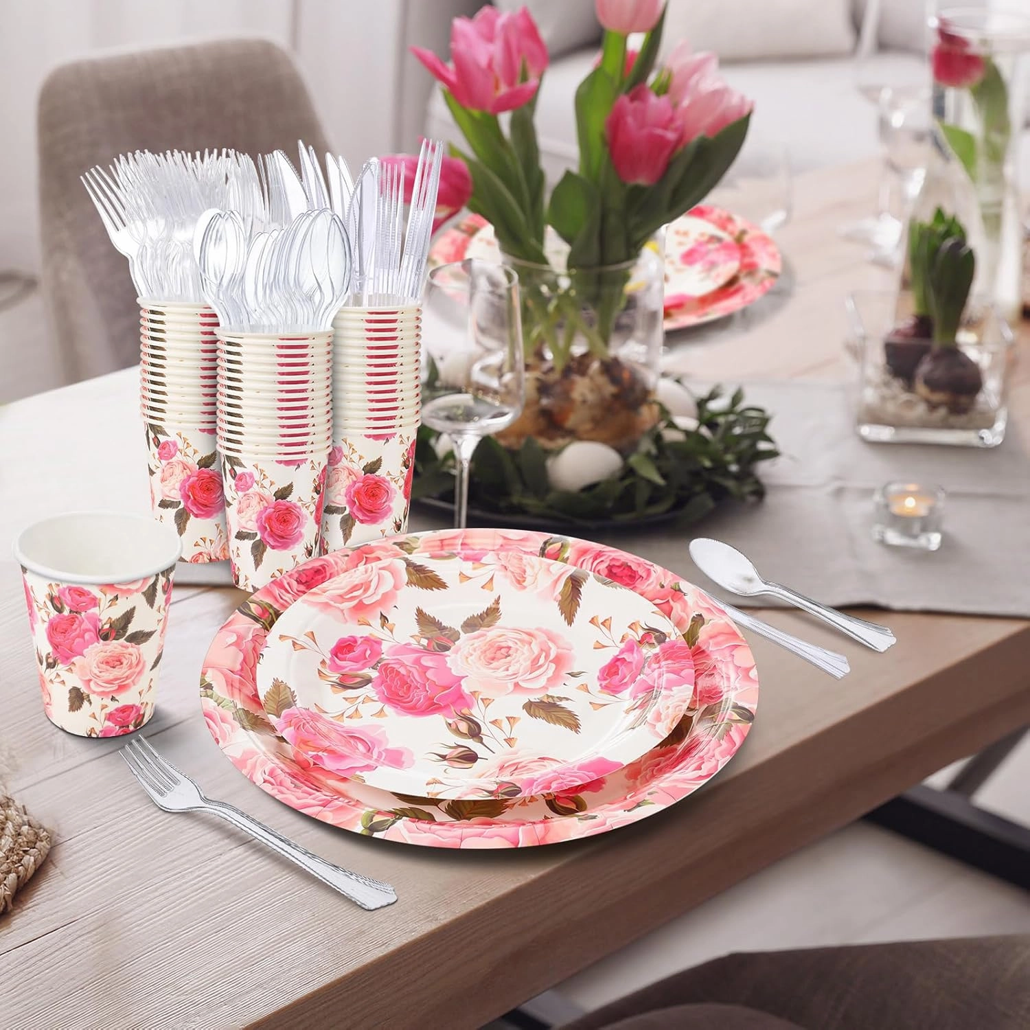 350 Pcs Floral Baby Shower Paper Plates Napkins Cups Knives Forks Spoons for 50 Guests Disposable Floral Party Tableware for Spring Birthday
