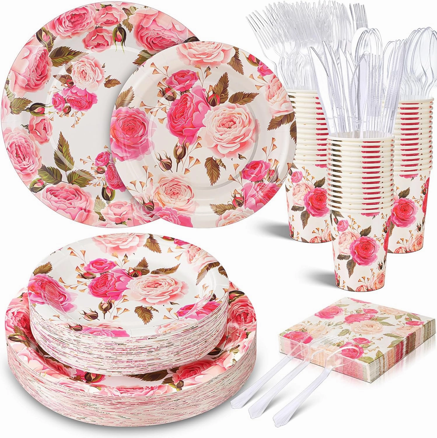 350 Pcs Floral Baby Shower Paper Plates Napkins Cups Knives Forks Spoons for 50 Guests Disposable Floral Party Tableware for Spring Birthday