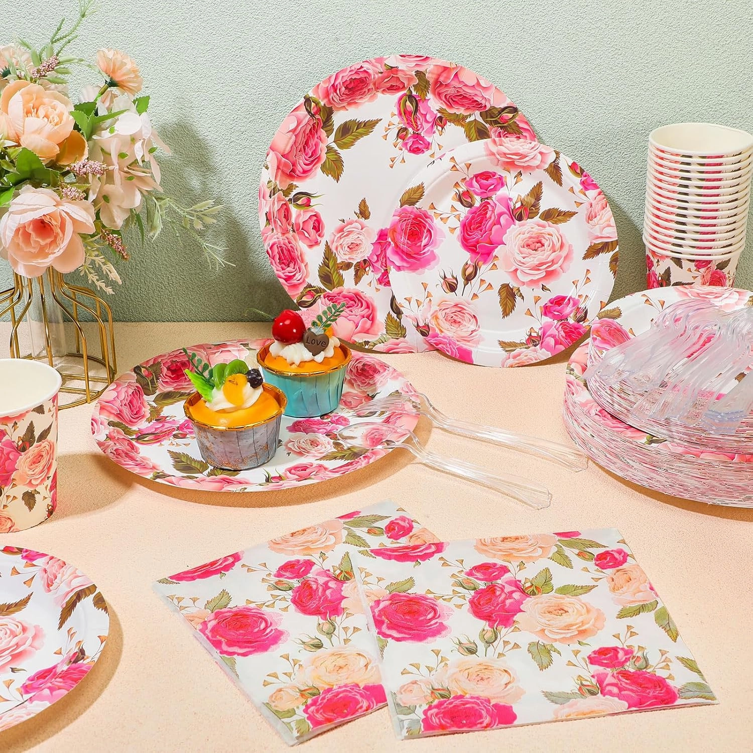 350 Pcs Floral Baby Shower Paper Plates Napkins Cups Knives Forks Spoons for 50 Guests Disposable Floral Party Tableware for Spring Birthday
