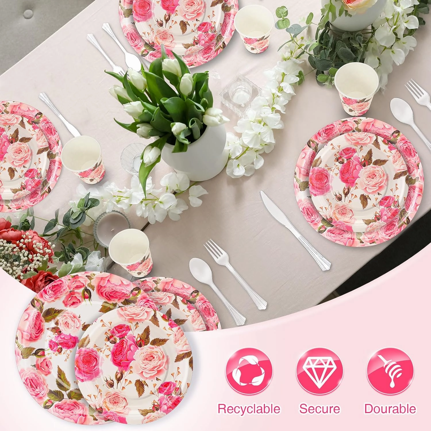350 Pcs Floral Baby Shower Paper Plates Napkins Cups Knives Forks Spoons for 50 Guests Disposable Floral Party Tableware for Spring Birthday