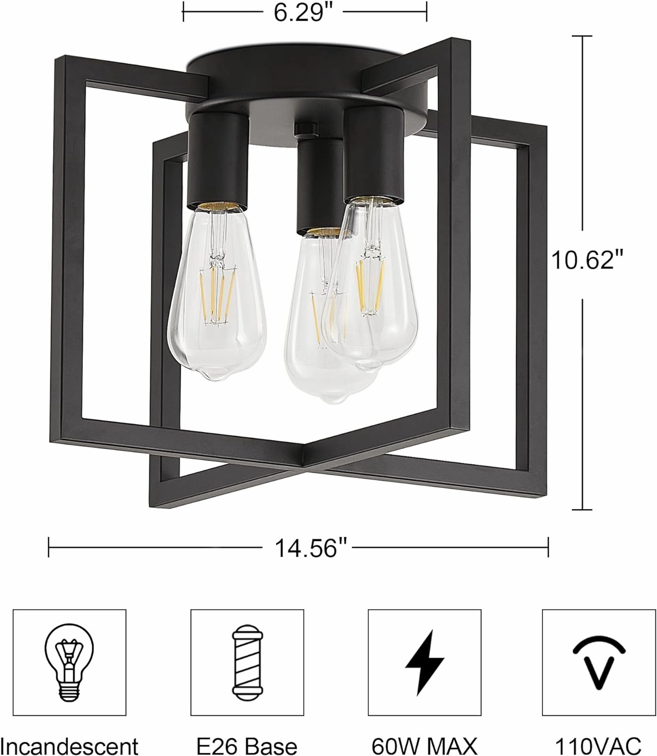 3-Light Ceiling Light Fixture, Black Semi-Flush Mount Chandelier with Geometric Metal Shade, Farmhouse Industrial Lighting for Kitchen Living Room Bedroom Hallway Foyer, E26 Base