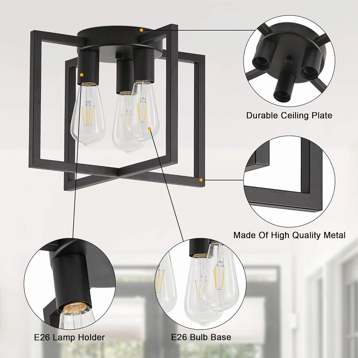 3-Light Ceiling Light Fixture, Black Semi-Flush Mount Chandelier with Geometric Metal Shade, Farmhouse Industrial Lighting for Kitchen Living Room Bedroom Hallway Foyer, E26 Base