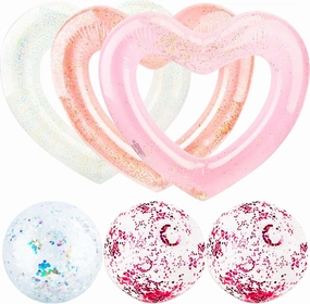 3 Pack Heart Pool Floats Inflatable Swim Rings and 3 Pack Inflatable Glitter Beach Ball for Water Fun Beach Bachelorette Party for Adults