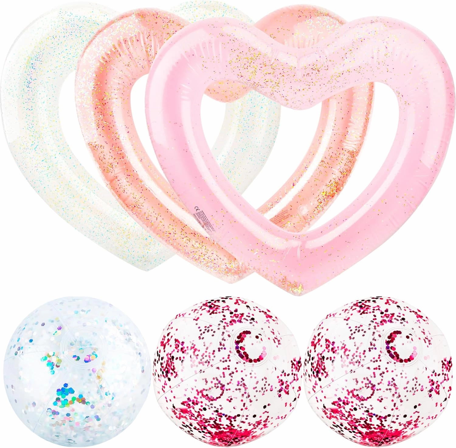 3 Pack Heart Pool Floats Inflatable Swim Rings and 3 Pack Inflatable Glitter Beach Ball for Water Fun Beach Bachelorette Party for Adults
