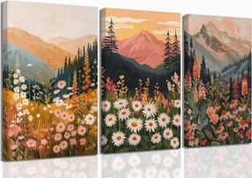 3 Pcs Boho Daisy Mountain Canvas Wall Art Abstract Flower Wildflower Sunset Paintings Pictures Wall Decor Colorful Floral Botanical Landscape Poster Print Artwork for Living Room Bedroom Home Decor