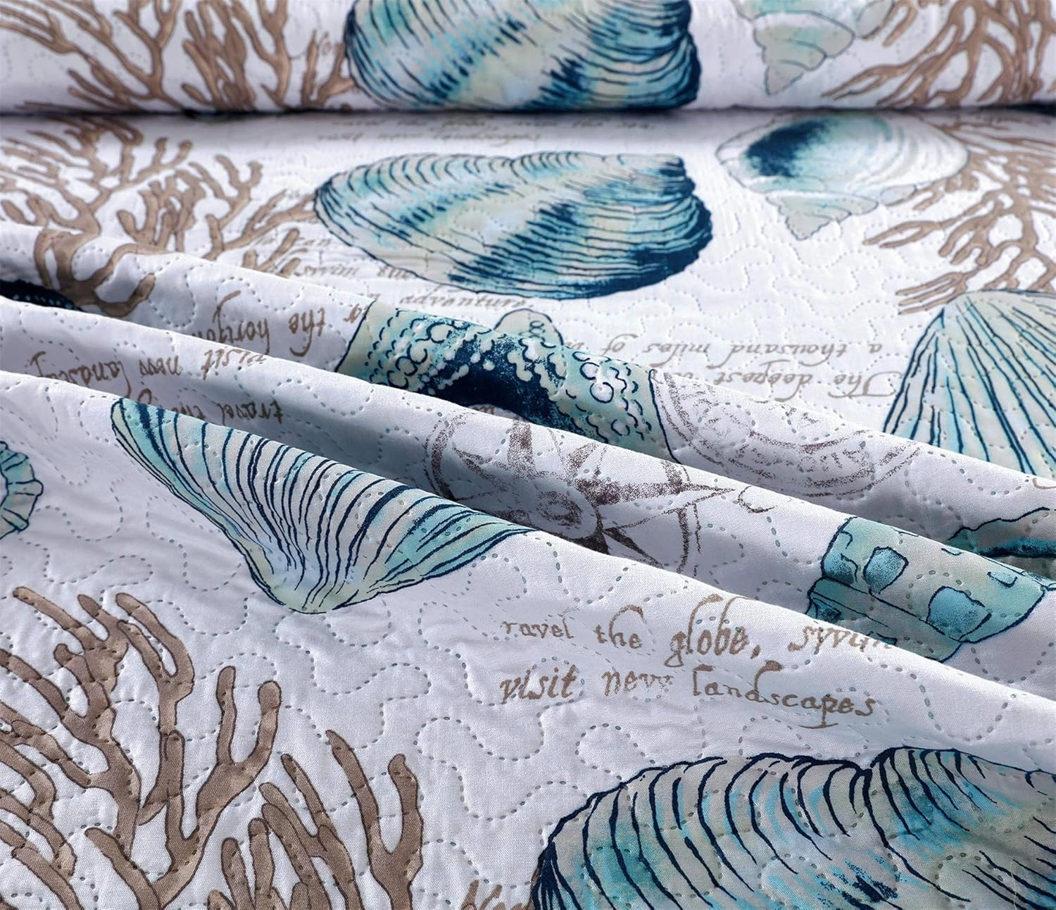 3-Piece Reversible Nautical Theme Bedspread Coverlet King(96x108 Inches),Blue-Green Seashells Coral Beach Bedding Sets,Lightweight Quilt Set Bed Cover,Coastal Bed Set for All Seasons(Cyan,King)