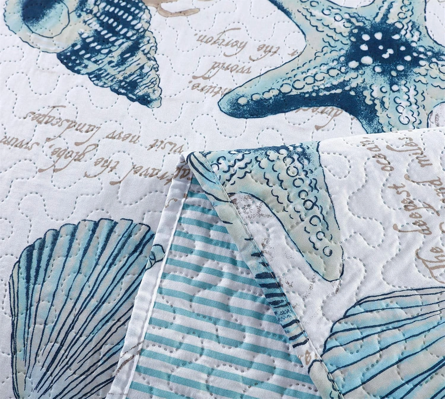 3-Piece Reversible Nautical Theme Bedspread Coverlet King(96x108 Inches),Blue-Green Seashells Coral Beach Bedding Sets,Lightweight Quilt Set Bed Cover,Coastal Bed Set for All Seasons(Cyan,King)