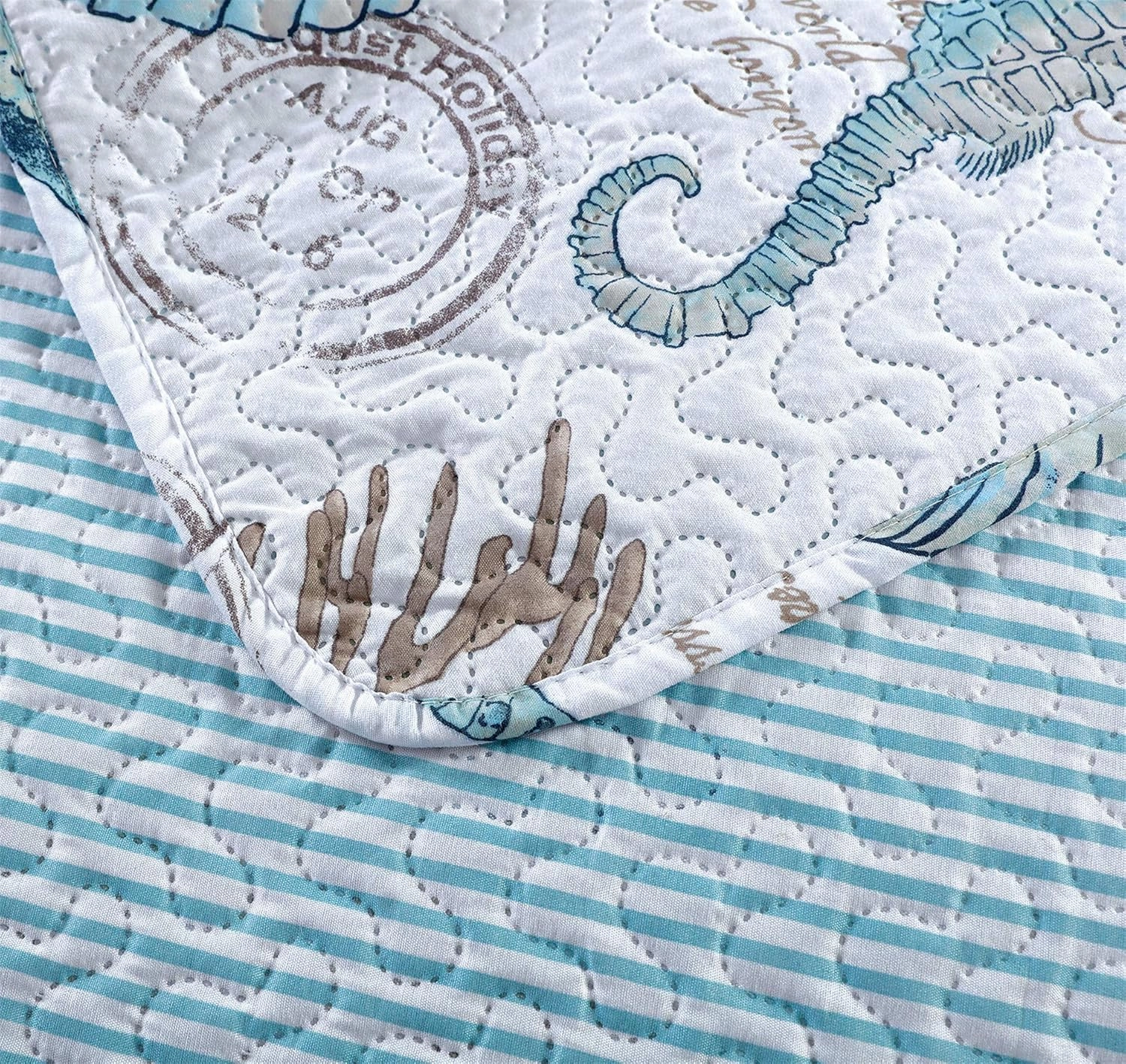 3-Piece Reversible Nautical Theme Bedspread Coverlet King(96x108 Inches),Blue-Green Seashells Coral Beach Bedding Sets,Lightweight Quilt Set Bed Cover,Coastal Bed Set for All Seasons(Cyan,King)