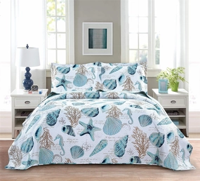 3-Piece Reversible Nautical Theme Bedspread Coverlet King(96x108 Inches),Blue-Green Seashells Coral Beach Bedding Sets,Lightweight Quilt Set Bed Cover,Coastal Bed Set for All Seasons(Cyan,King)