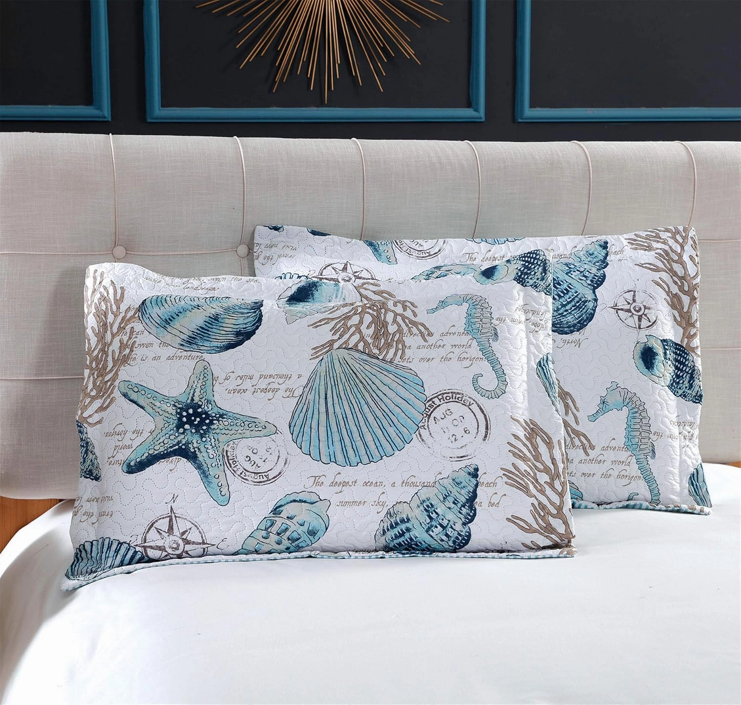 3-Piece Reversible Nautical Theme Bedspread Coverlet King(96x108 Inches),Blue-Green Seashells Coral Beach Bedding Sets,Lightweight Quilt Set Bed Cover,Coastal Bed Set for All Seasons(Cyan,King)