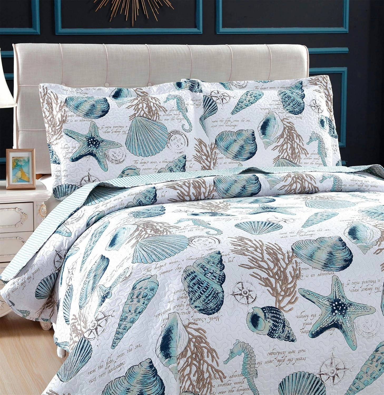 3-Piece Reversible Nautical Theme Bedspread Coverlet King(96x108 Inches),Blue-Green Seashells Coral Beach Bedding Sets,Lightweight Quilt Set Bed Cover,Coastal Bed Set for All Seasons(Cyan,King)
