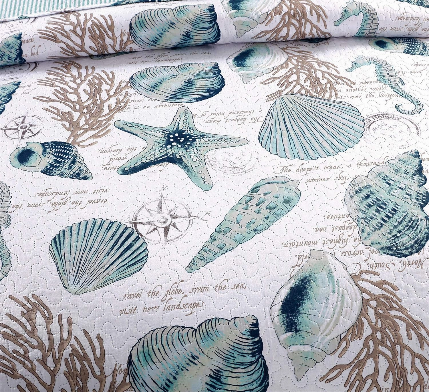 3-Piece Reversible Nautical Theme Bedspread Coverlet King(96x108 Inches),Blue-Green Seashells Coral Beach Bedding Sets,Lightweight Quilt Set Bed Cover,Coastal Bed Set for All Seasons(Cyan,King)