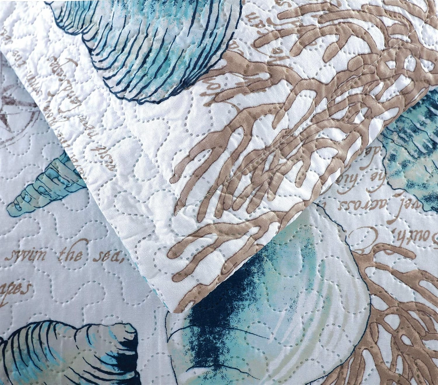3-Piece Reversible Nautical Theme Bedspread Coverlet King(96x108 Inches),Blue-Green Seashells Coral Beach Bedding Sets,Lightweight Quilt Set Bed Cover,Coastal Bed Set for All Seasons(Cyan,King)
