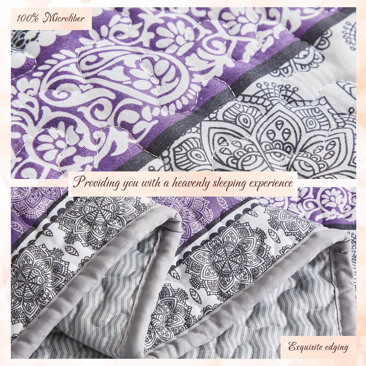 3 Pieces Colorful Bohemian Quilt Set King Size, Purple n Grey Boho Striped Printed Bedding Bedspread Coverlet Set for Summer, Soft Lightweight Microfiber Quilt with 2 Shams (102x88 inces)
