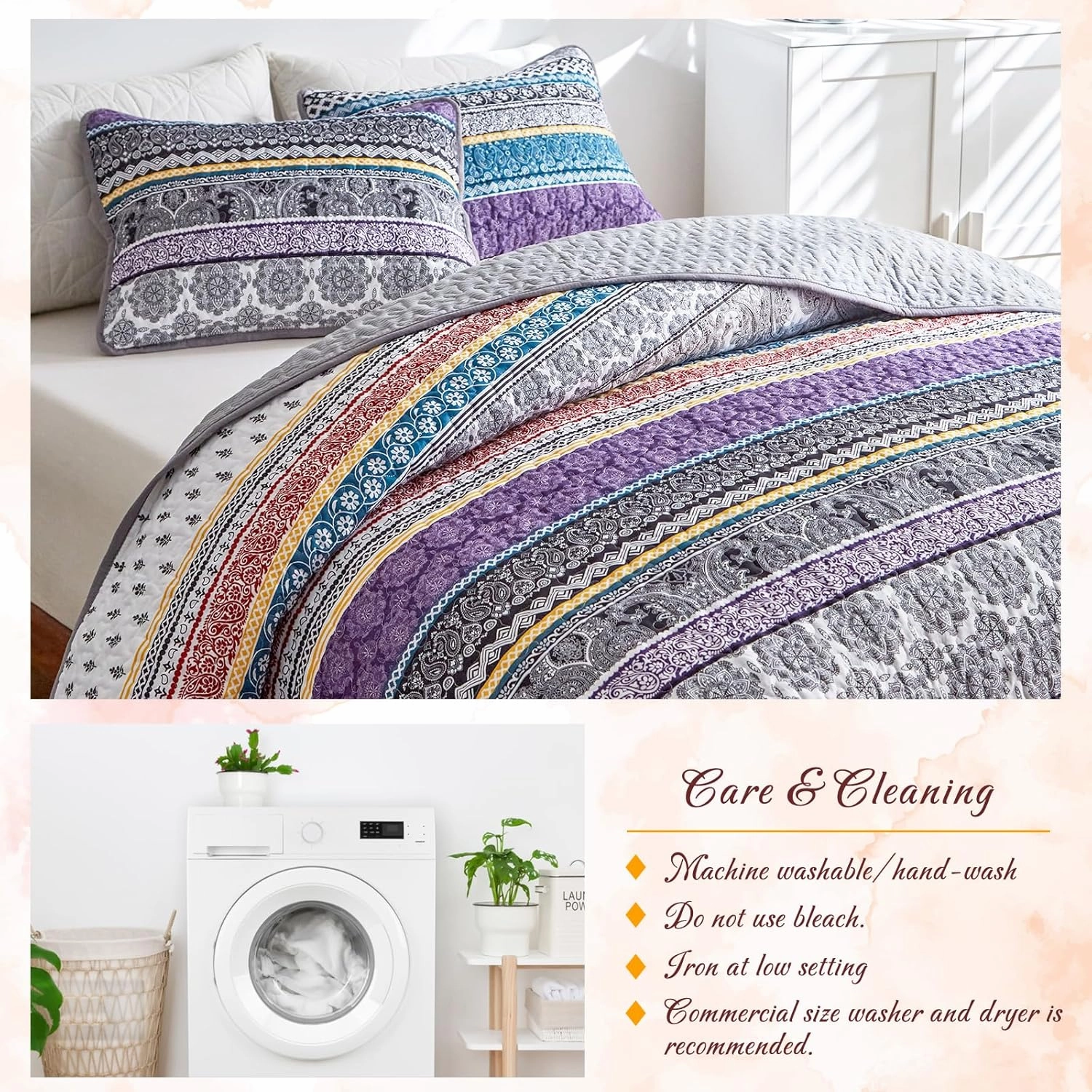 3 Pieces Colorful Bohemian Quilt Set King Size, Purple n Grey Boho Striped Printed Bedding Bedspread Coverlet Set for Summer, Soft Lightweight Microfiber Quilt with 2 Shams (102x88 inces)