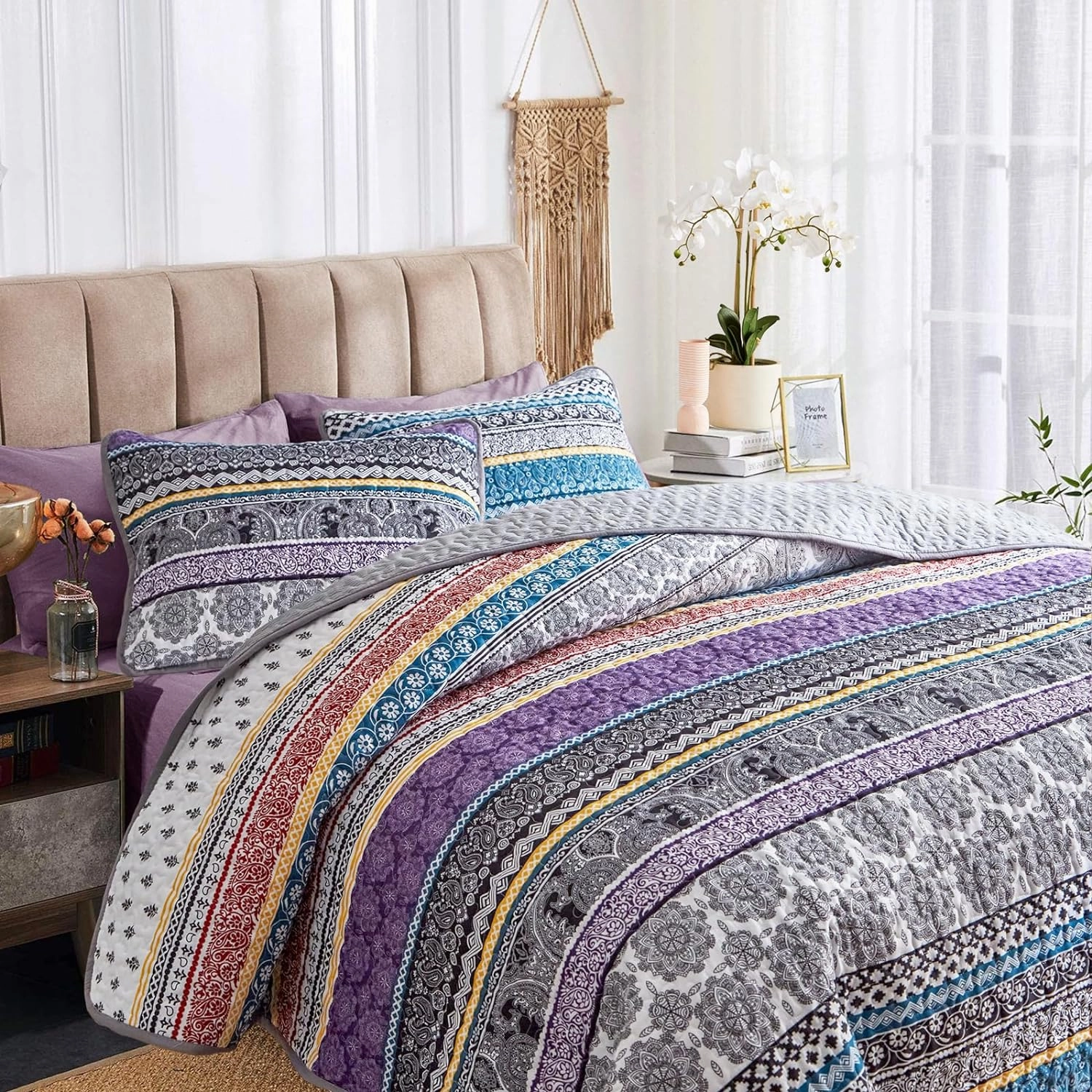 3 Pieces Colorful Bohemian Quilt Set King Size, Purple n Grey Boho Striped Printed Bedding Bedspread Coverlet Set for Summer, Soft Lightweight Microfiber Quilt with 2 Shams (102x88 inces)