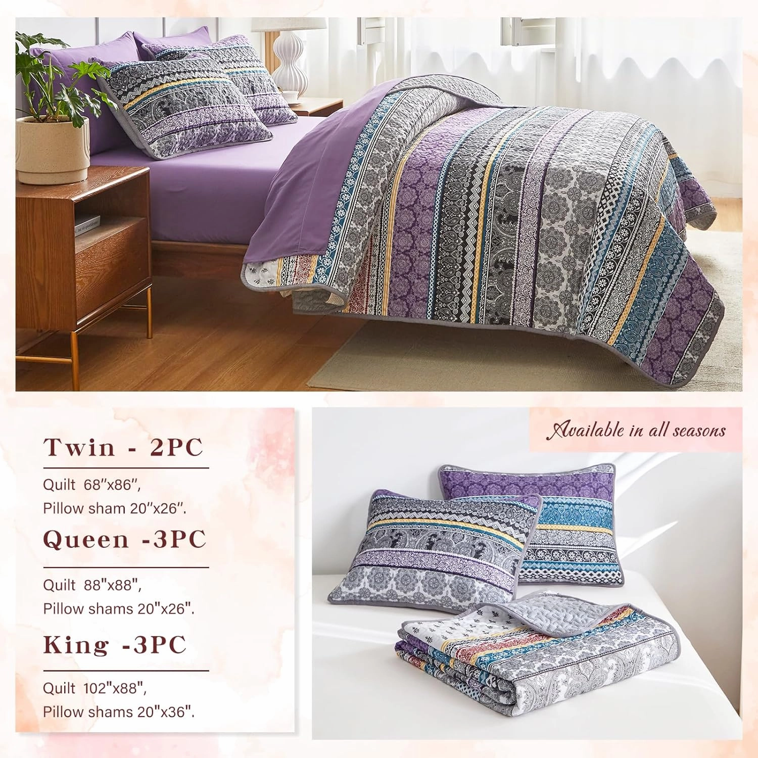 3 Pieces Colorful Bohemian Quilt Set King Size, Purple n Grey Boho Striped Printed Bedding Bedspread Coverlet Set for Summer, Soft Lightweight Microfiber Quilt with 2 Shams (102x88 inces)