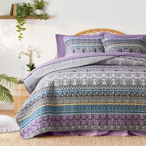 3 Pieces Colorful Bohemian Quilt Set King Size, Purple n Grey Boho Striped Printed Bedding Bedspread Coverlet Set for Summer, Soft Lightweight Microfiber Quilt with 2 Shams (102x88 inces)
