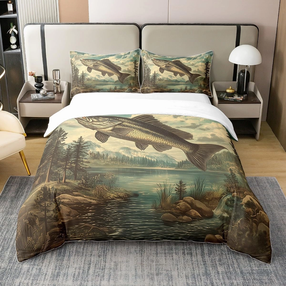 3 Pieces Fishing and Hunting Cotton Duvet Cover Sets,Lake Lakeside Fishing Comforter Cover for Kids Adults,Jungle Trees River Bedding Set (Not Comforter),Retro Farmhouse Style Quilt Cover,Queen Size