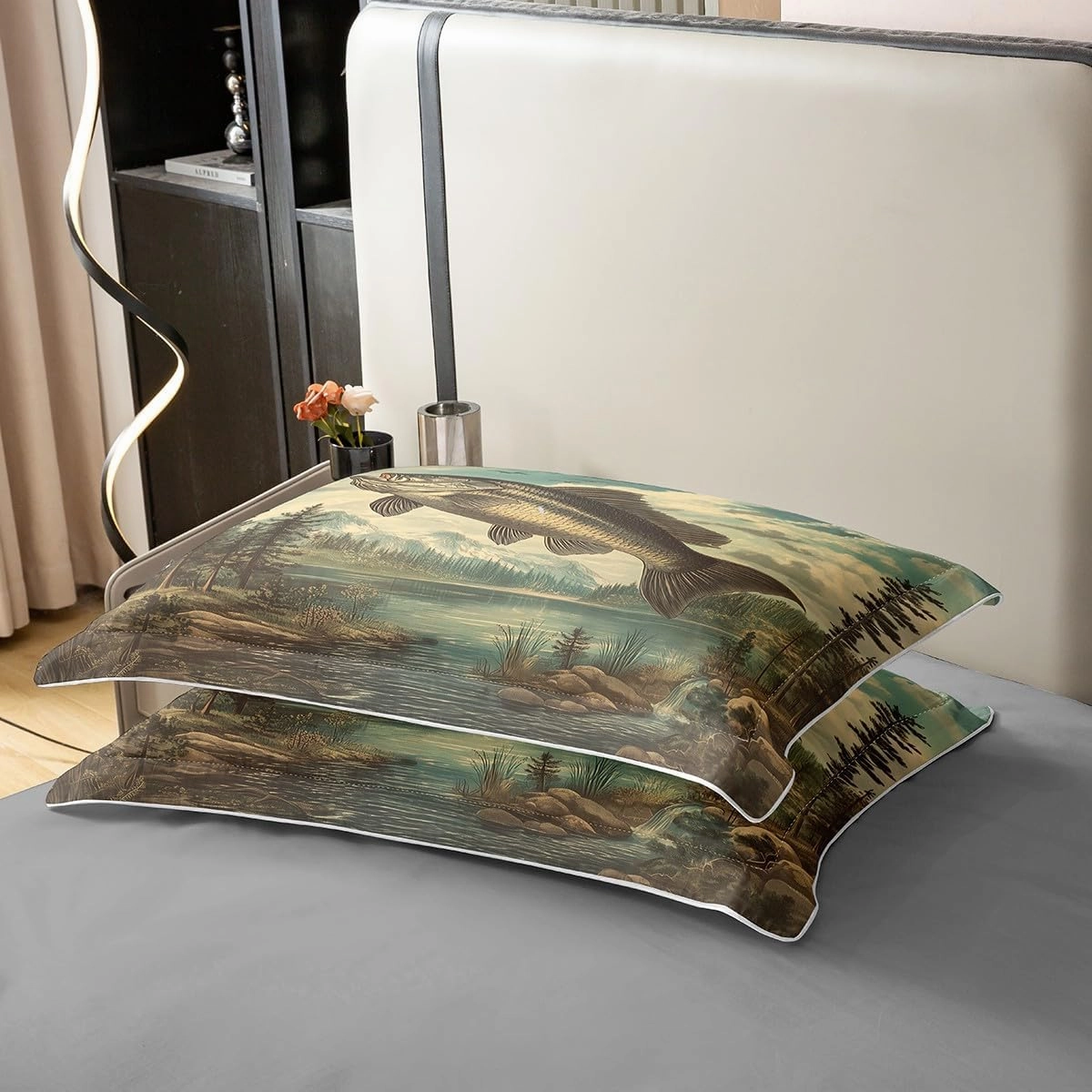 3 Pieces Fishing and Hunting Cotton Duvet Cover Sets,Lake Lakeside Fishing Comforter Cover for Kids Adults,Jungle Trees River Bedding Set (Not Comforter),Retro Farmhouse Style Quilt Cover,Queen Size