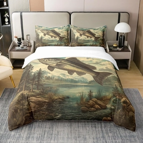 3 Pieces Fishing and Hunting Cotton Duvet Cover Sets,Lake Lakeside Fishing Comforter Cover for Kids Adults,Jungle Trees River Bedding Set (Not Comforter),Retro Farmhouse Style Quilt Cover,Queen Size